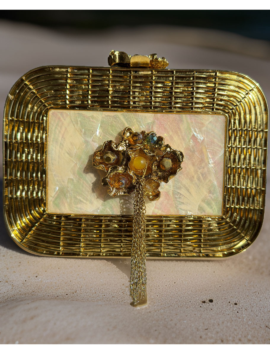 Natural MOP Inlaid Brass Novelty Clutch Bag