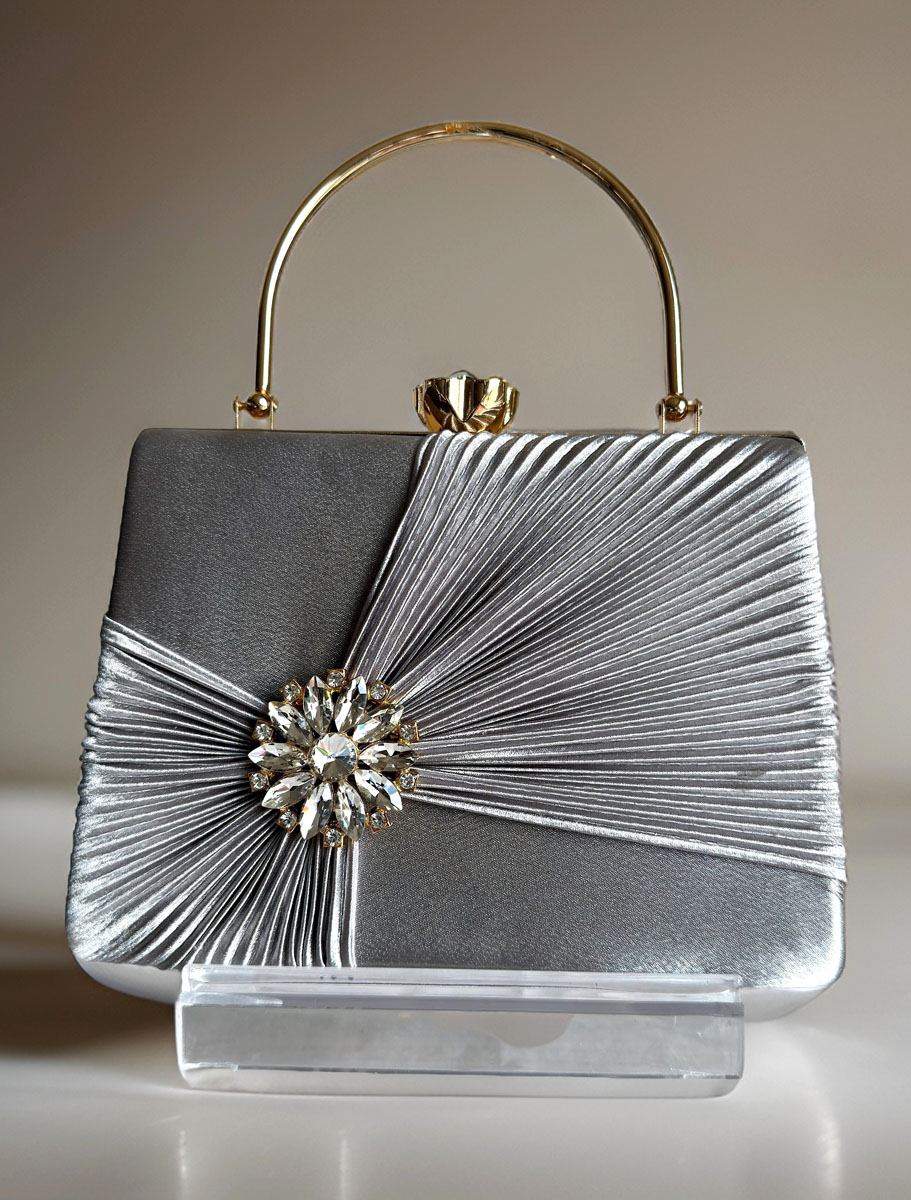 Satin Pleated Evening Bag with a Flower Brooch