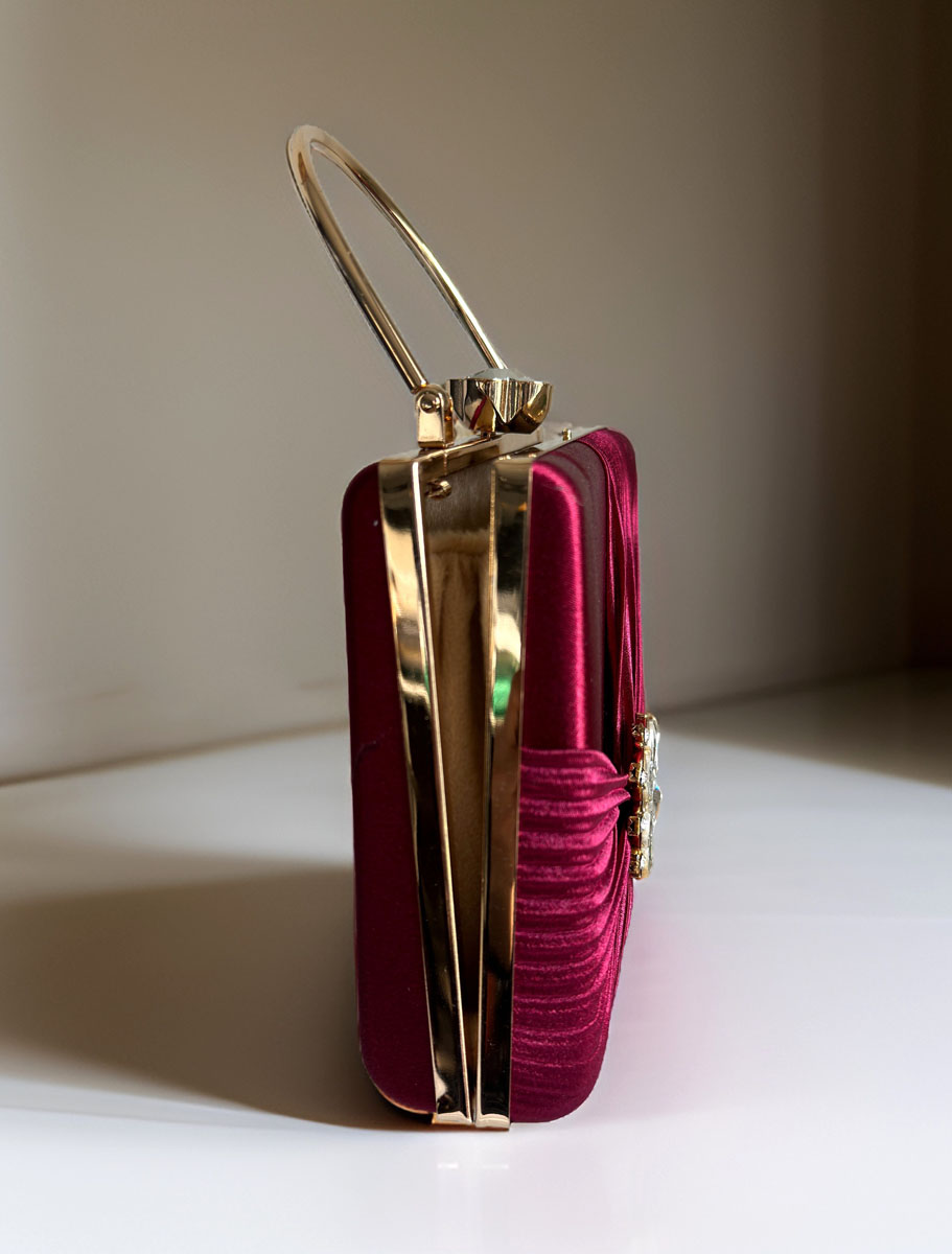 Satin Pleated Evening Bag with a Flower Brooch