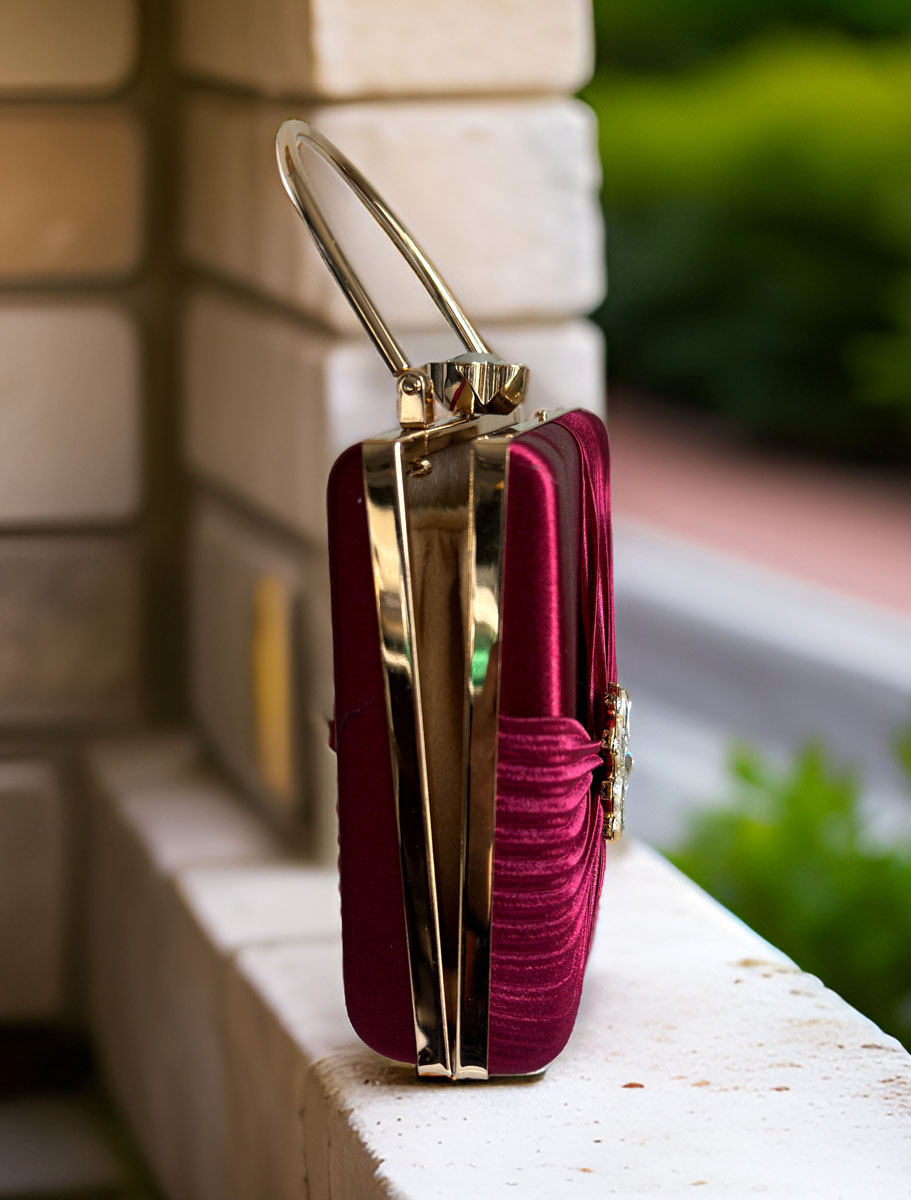 Satin Pleated Evening Bag with a Flower Brooch