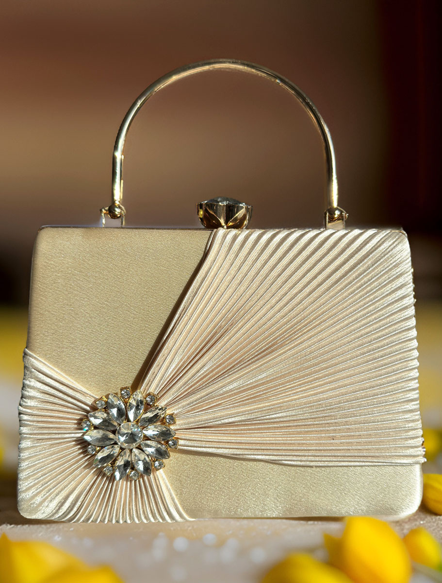 Satin Pleated Evening Bag with a Flower Brooch