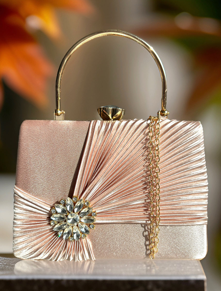 Satin Pleated Evening Bag with a Flower Brooch