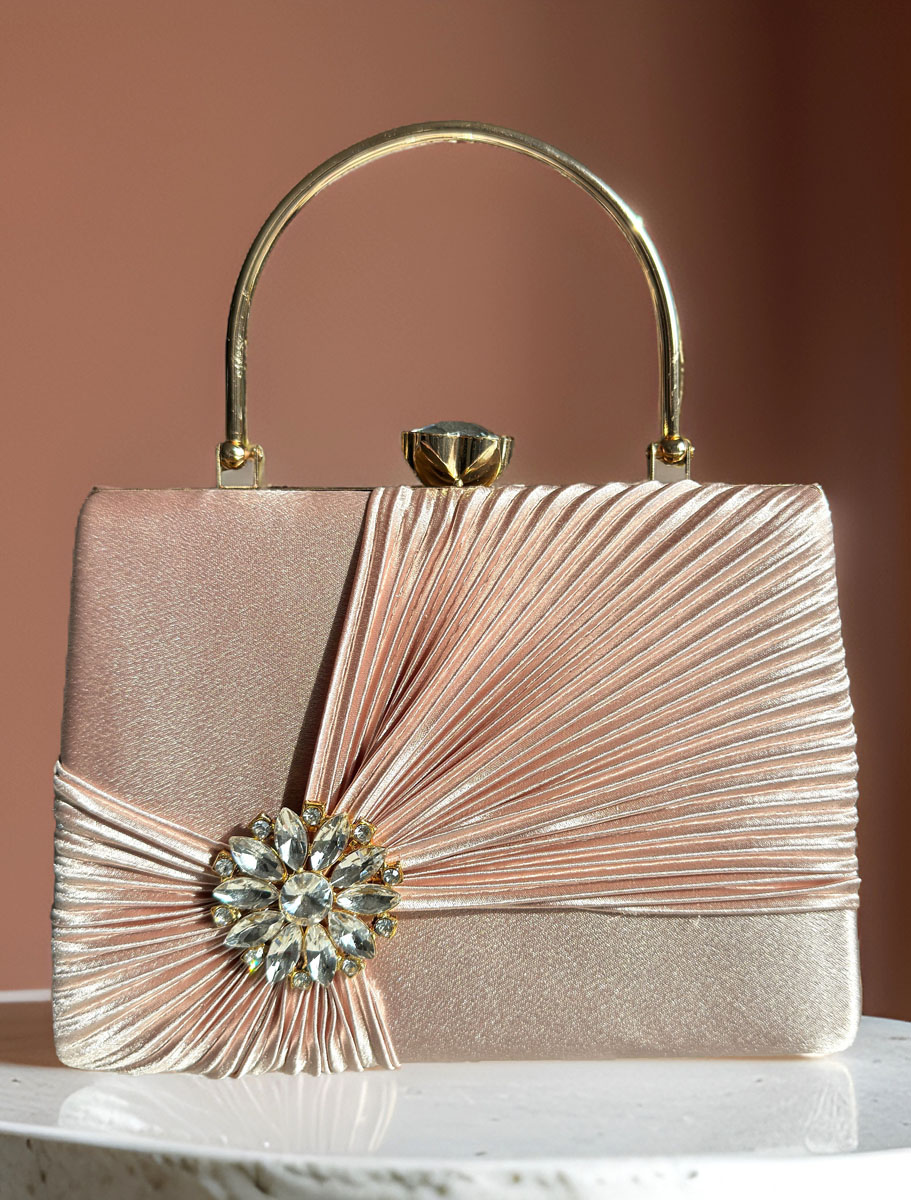 Satin Pleated Evening Bag with a Flower Brooch