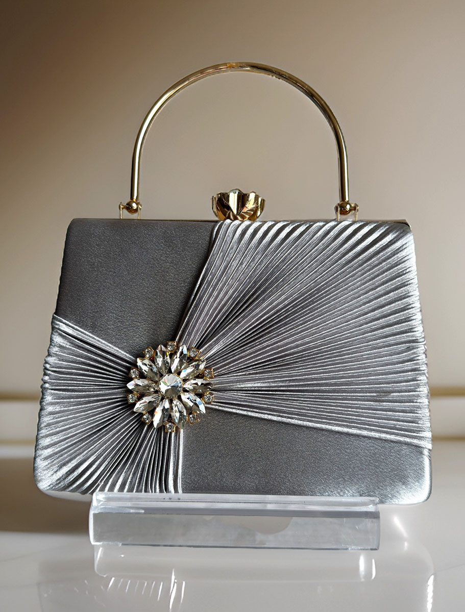 Satin Pleated Evening Bag with a Flower Brooch