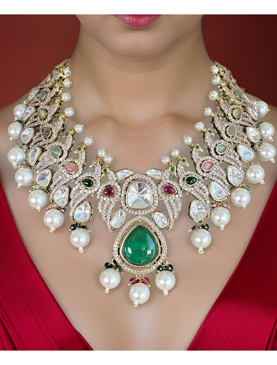 Bollywood Inspired Peacock Carved Kundan CZ Choker Set