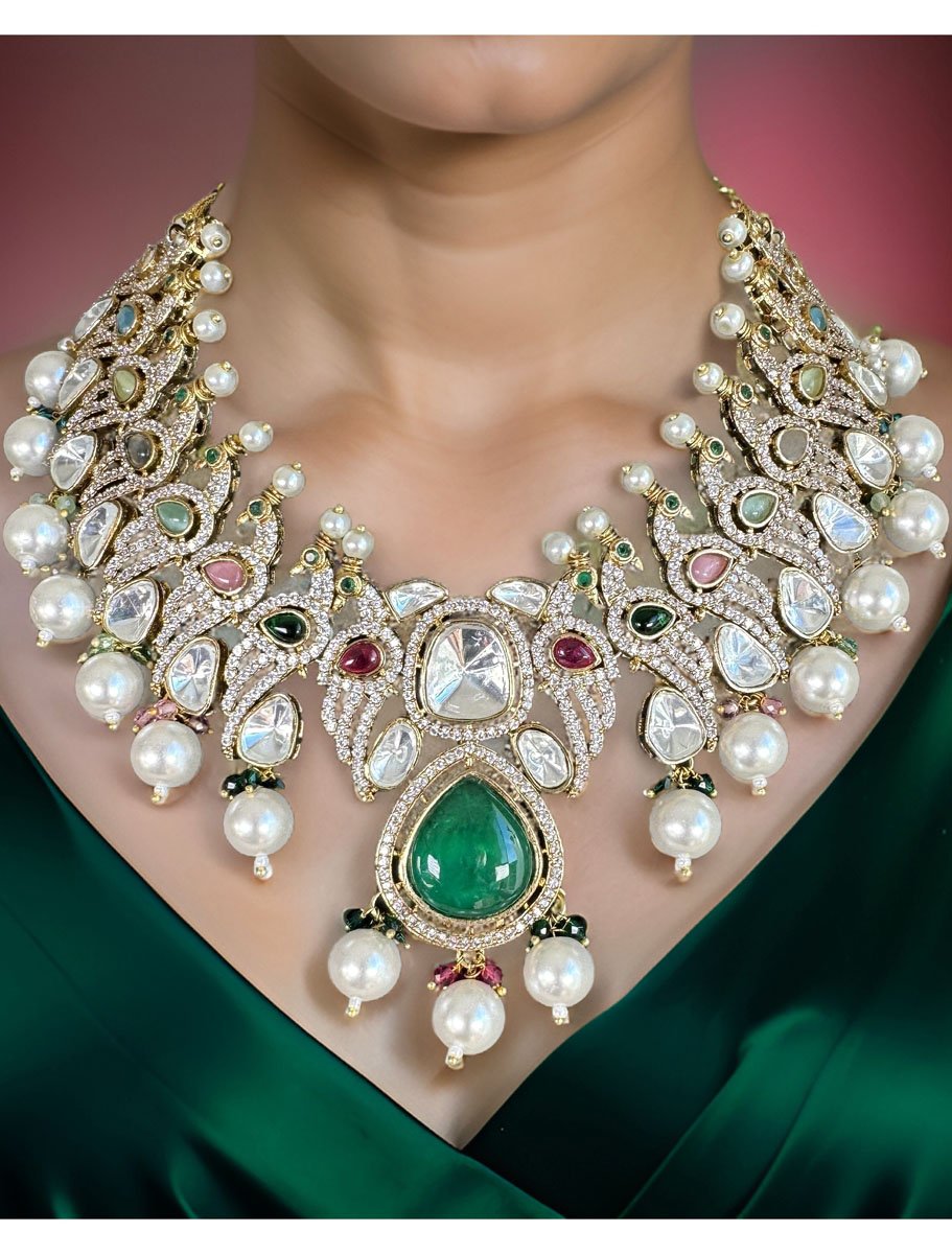 Bollywood Inspired Peacock Carved Kundan CZ Choker Set