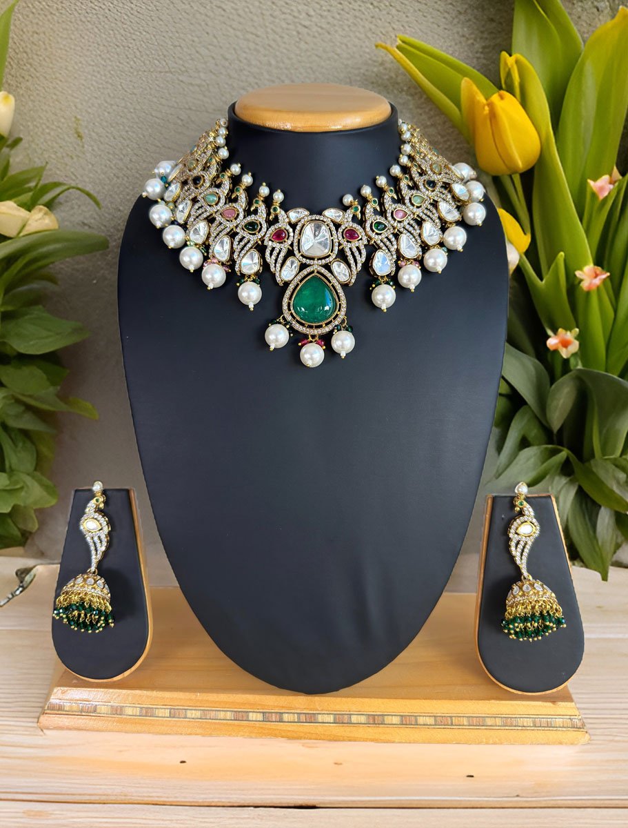 Bollywood Inspired Peacock Carved Kundan CZ Choker Set