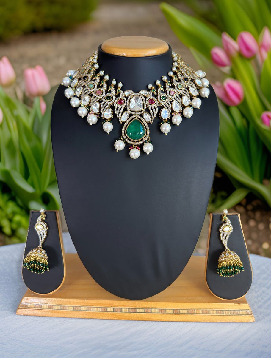 Bollywood Inspired Peacock Carved Kundan CZ Choker Set