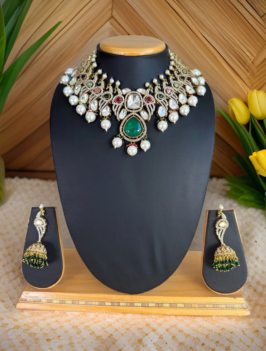 Bollywood Inspired Peacock Carved Kundan CZ Choker Set