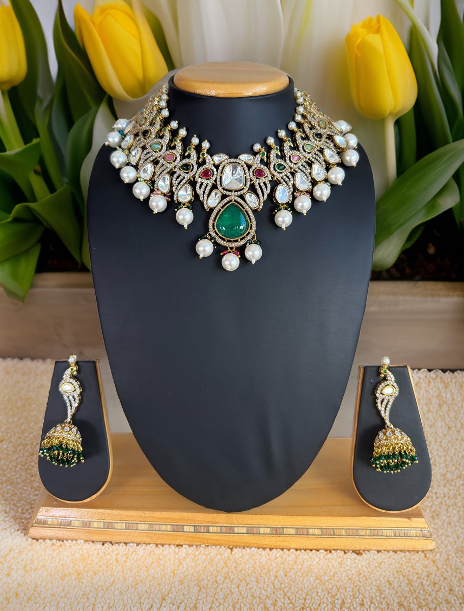 Bollywood Inspired Peacock Carved Kundan CZ Choker Set