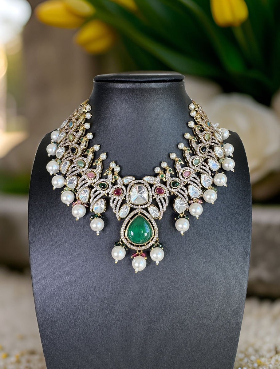 Bollywood Inspired Peacock Carved Kundan CZ Choker Set