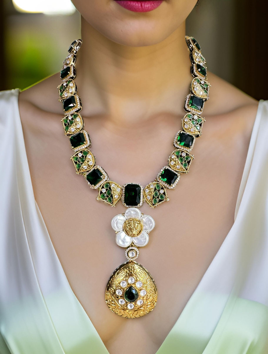 Sabyasachi Inspired Uncut Polki Kundan American Diamond Necklace Set