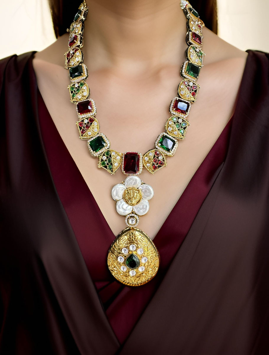 Sabyasachi Inspired Uncut Polki Kundan American Diamond Necklace Set