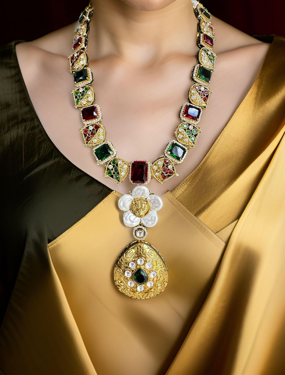 Sabyasachi Inspired Uncut Polki Kundan American Diamond Necklace Set