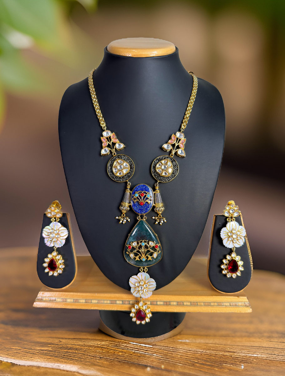 Sabyasachi Inspired Fusion Pendant Long Necklace Set with Amrapali Crafted work