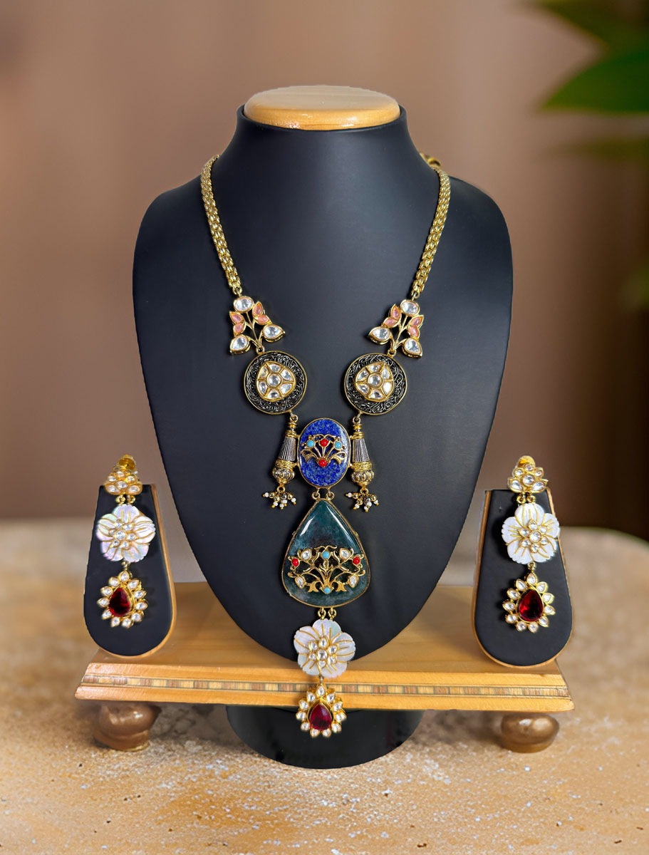 Sabyasachi Inspired Fusion Pendant Long Necklace Set with Amrapali Crafted work