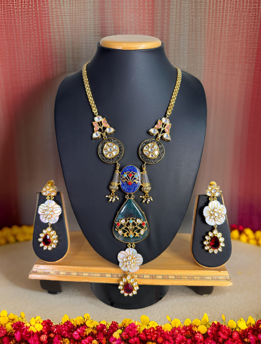 Sabyasachi Inspired Fusion Pendant Long Necklace Set with Amrapali Crafted work