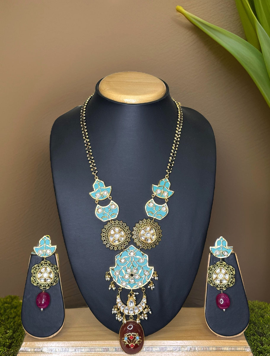 Sabyasachi Inspired Meenakari Fusion Pendant Long  Necklace Set