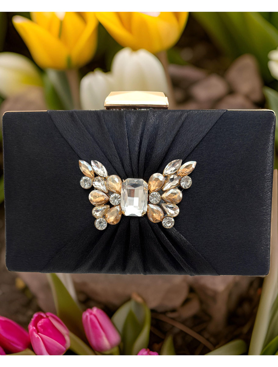 Satin Pleated Evening Bag with a Butterfly Brooch