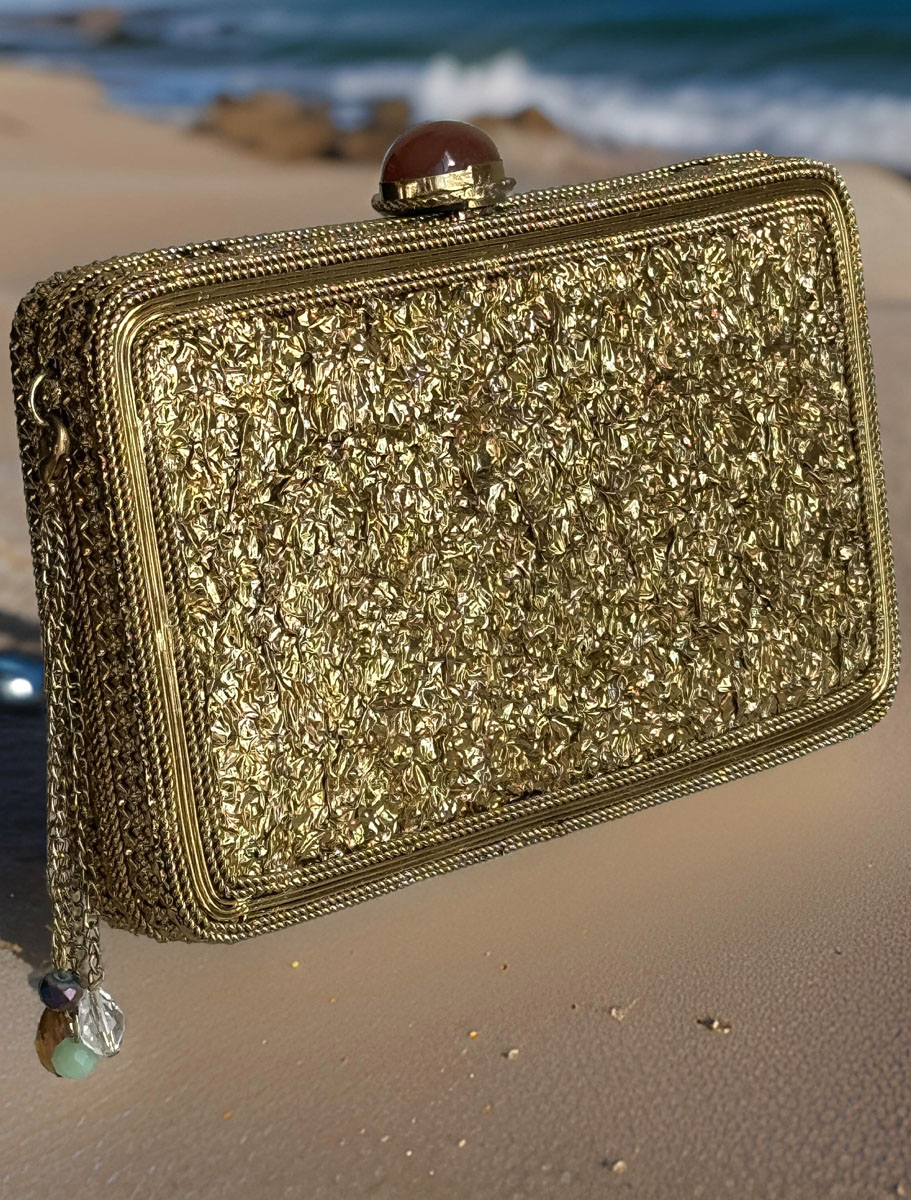 Matt Gold Intricate Designer Clutch with an Emerald Stone