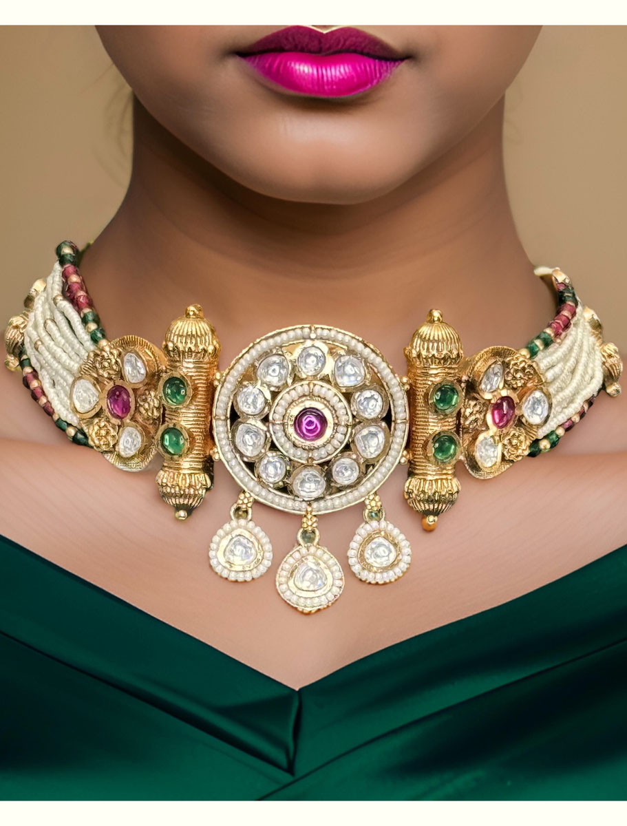 Gold plated Pearl and Pachi Kundan Rajwadi Choker Set