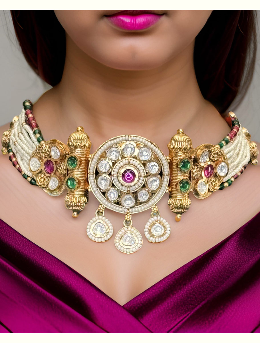 Gold plated Pearl and Pachi Kundan Rajwadi Choker Set