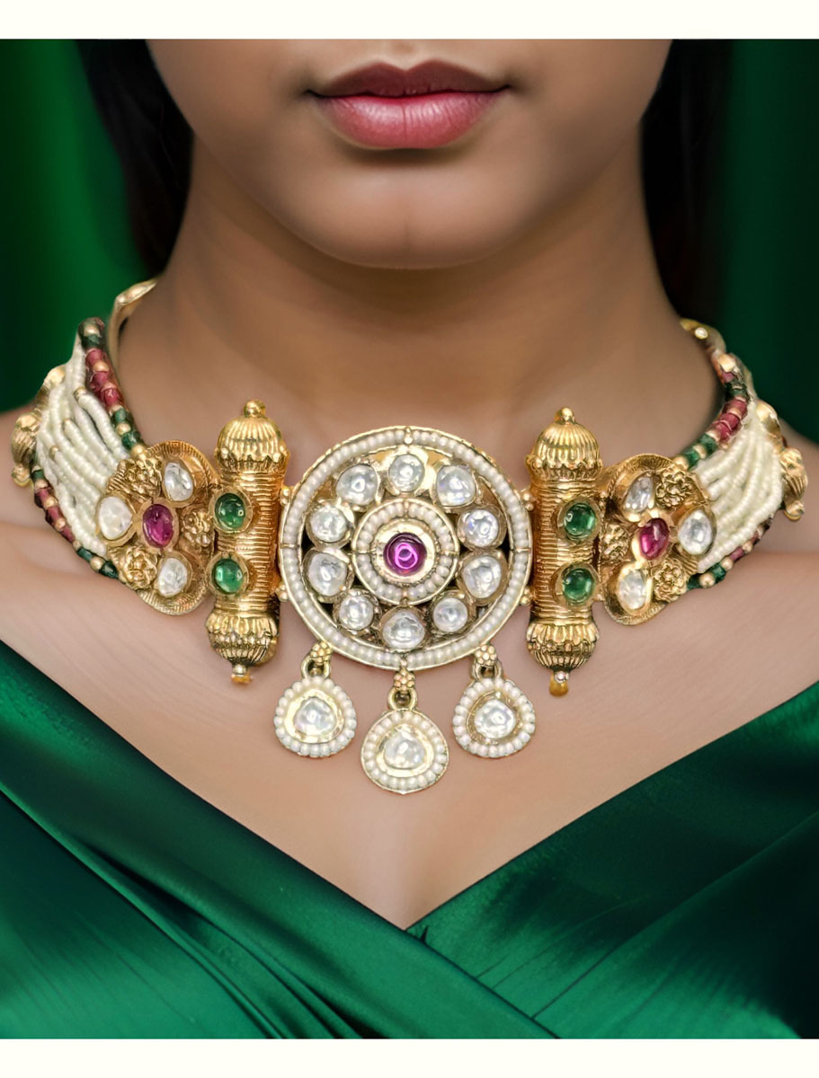 Gold plated Pearl and Pachi Kundan Rajwadi Choker Set