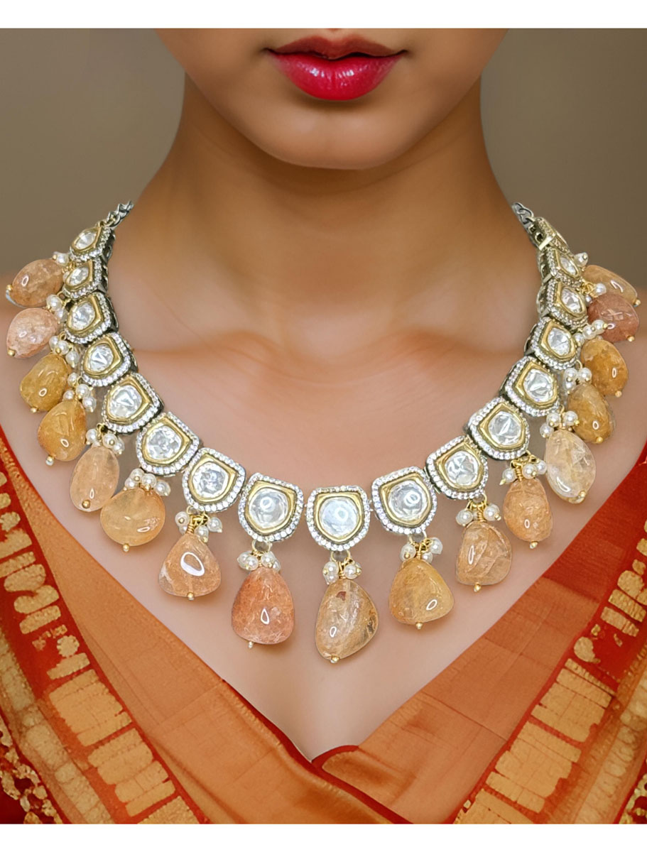 Premium Quality Kundan Necklace Set with Golden Turkish Beads