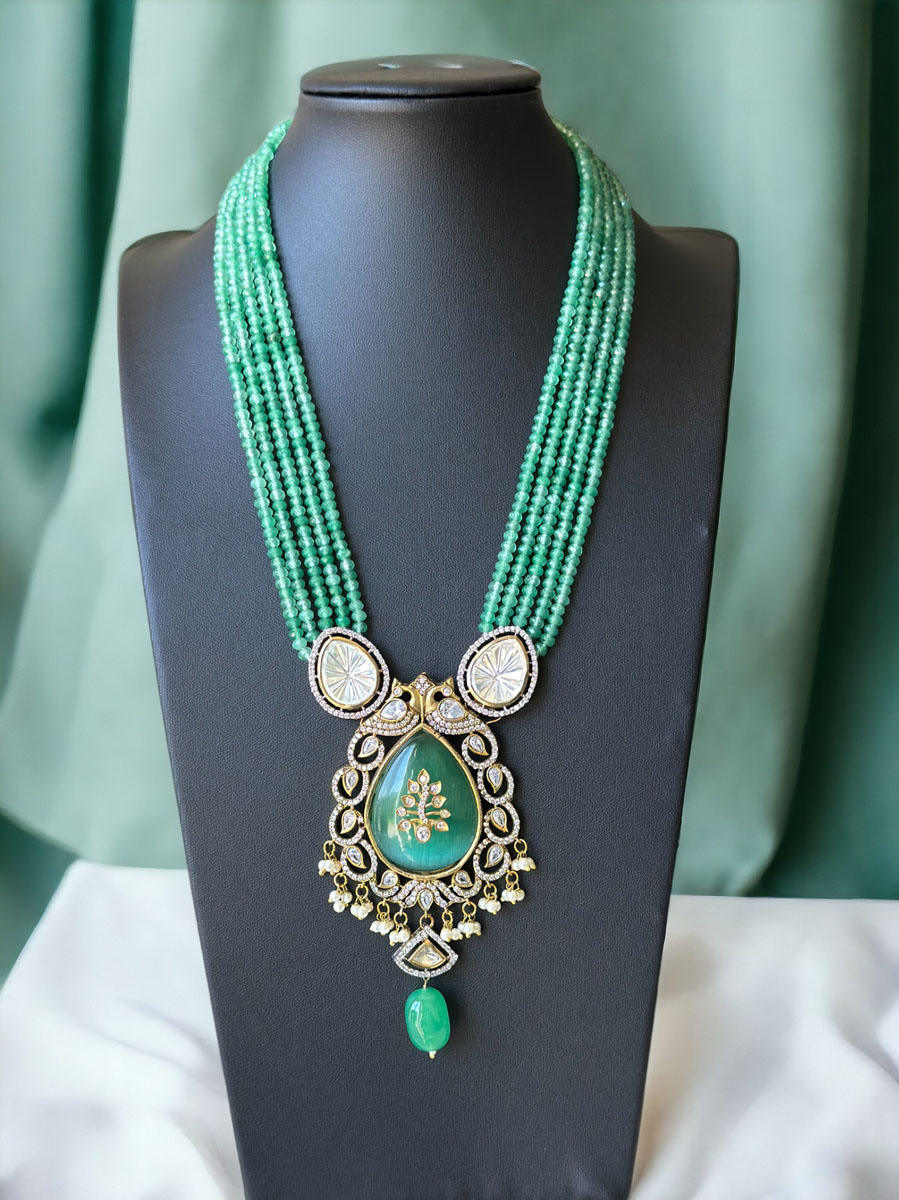 Gorgeous Mint Green Hydrobeads Kundan CZ Long Necklace Set