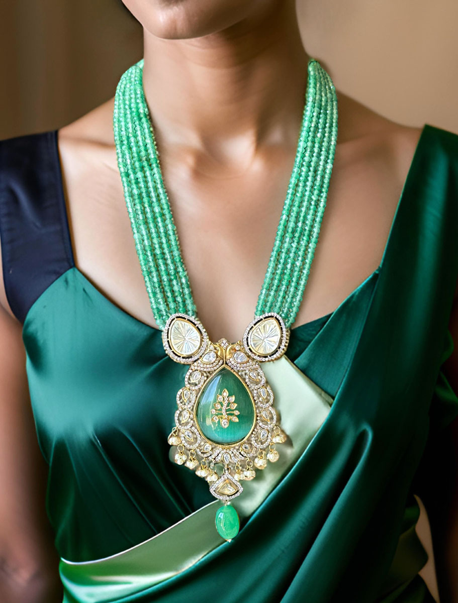 Gorgeous Mint Green Hydrobeads Kundan CZ Long Necklace Set