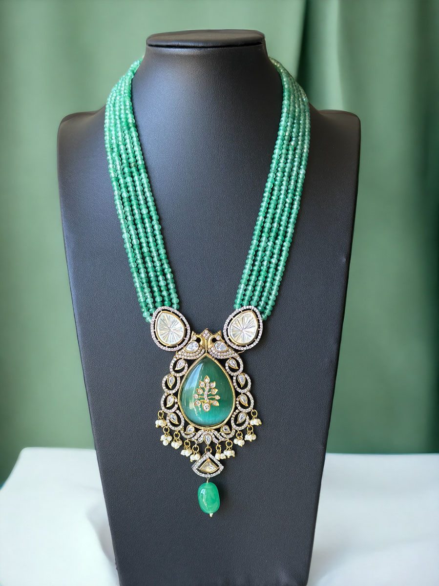 Gorgeous Mint Green Hydrobeads Kundan CZ Long Necklace Set