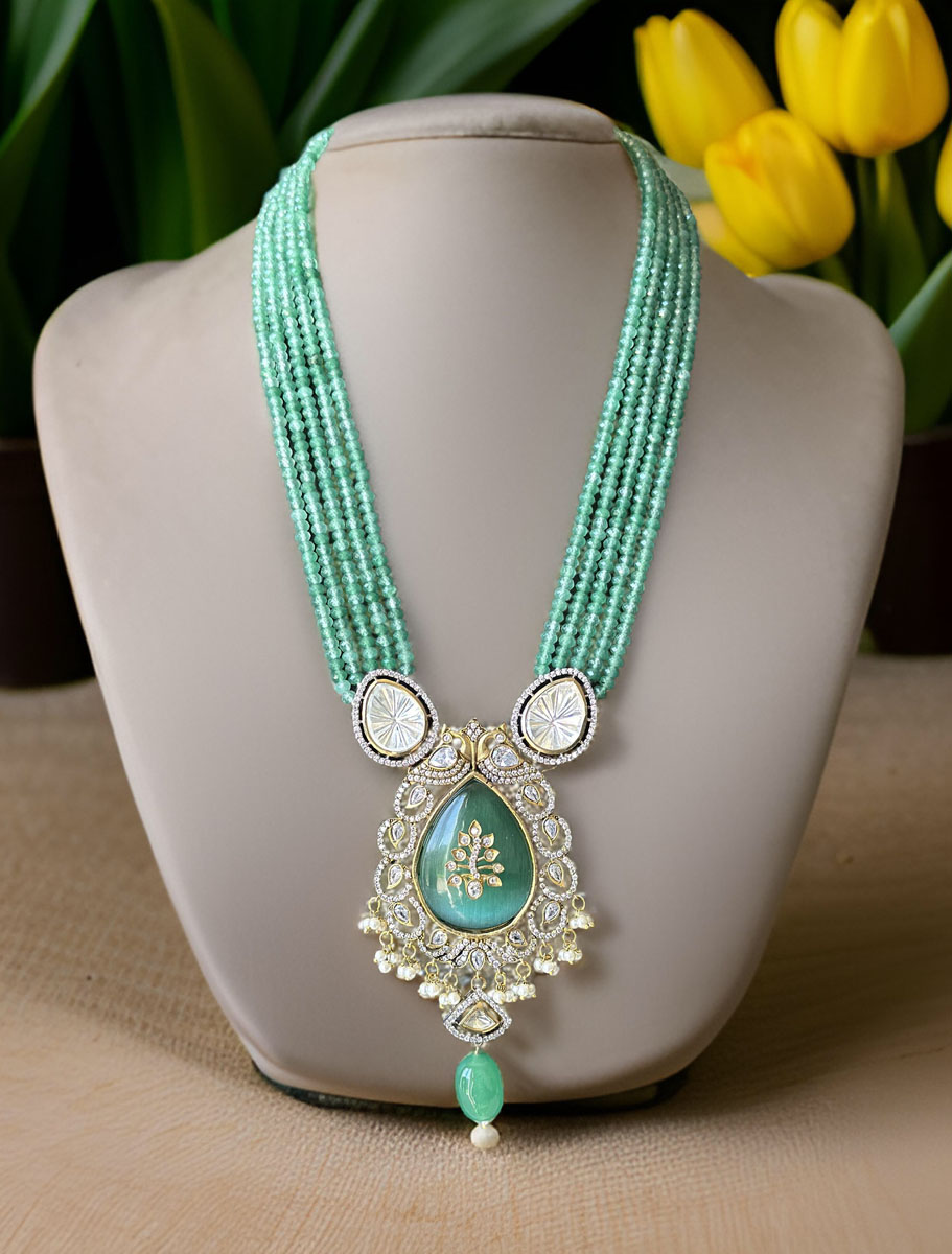 Gorgeous Mint Green Hydrobeads Kundan CZ Long Necklace Set