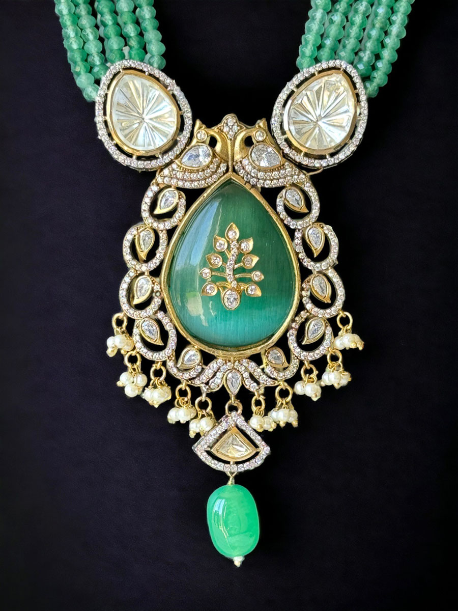 Gorgeous Mint Green Hydrobeads Kundan CZ Long Necklace Set