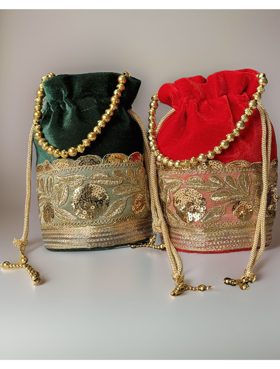 Flat Bottom Embroidered Velvet Potli Bag