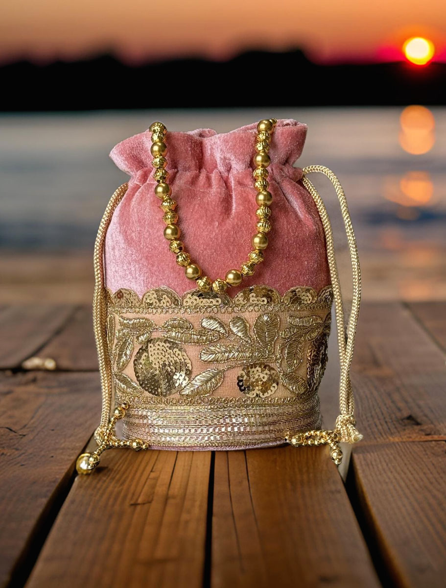 Flat Bottom Embroidered Velvet Potli Bag