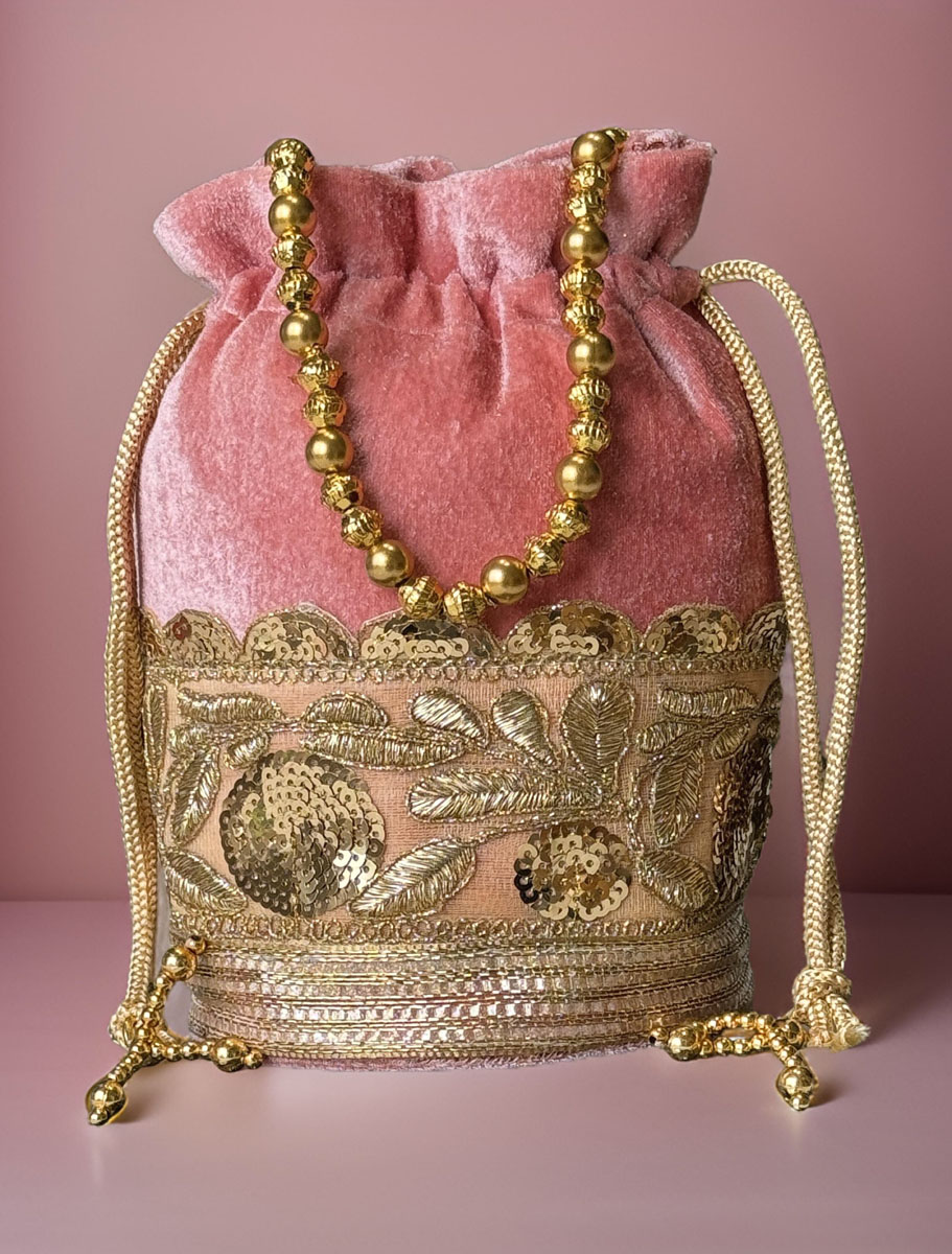 Flat Bottom Embroidered Velvet Potli Bag