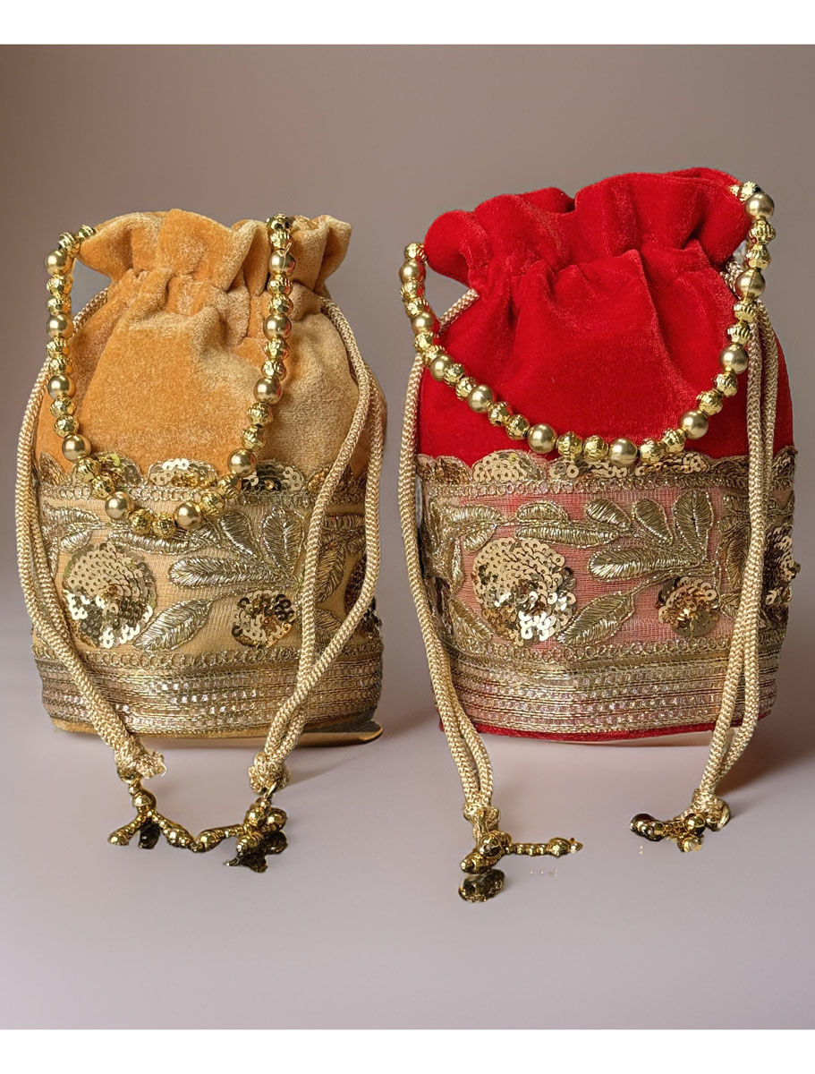 Flat Bottom Embroidered Velvet Potli Bag