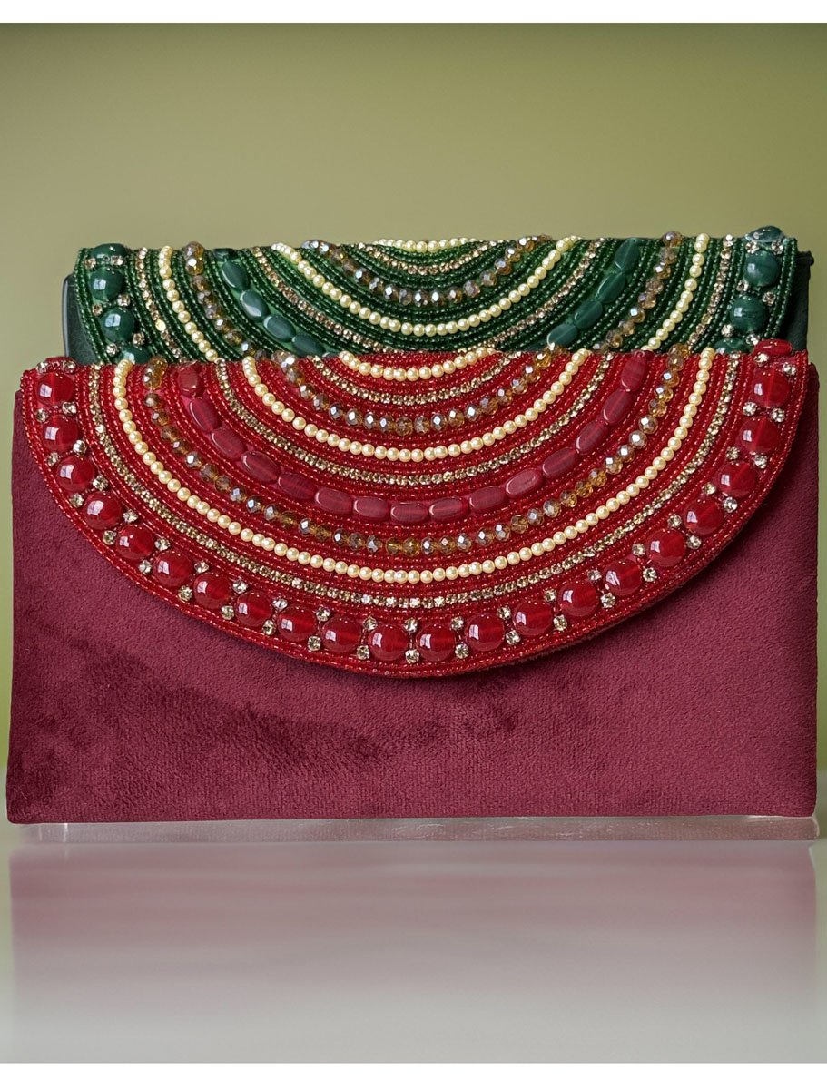 Pearl and Rhinestones embellished Velvet Envelope Clutch Bag