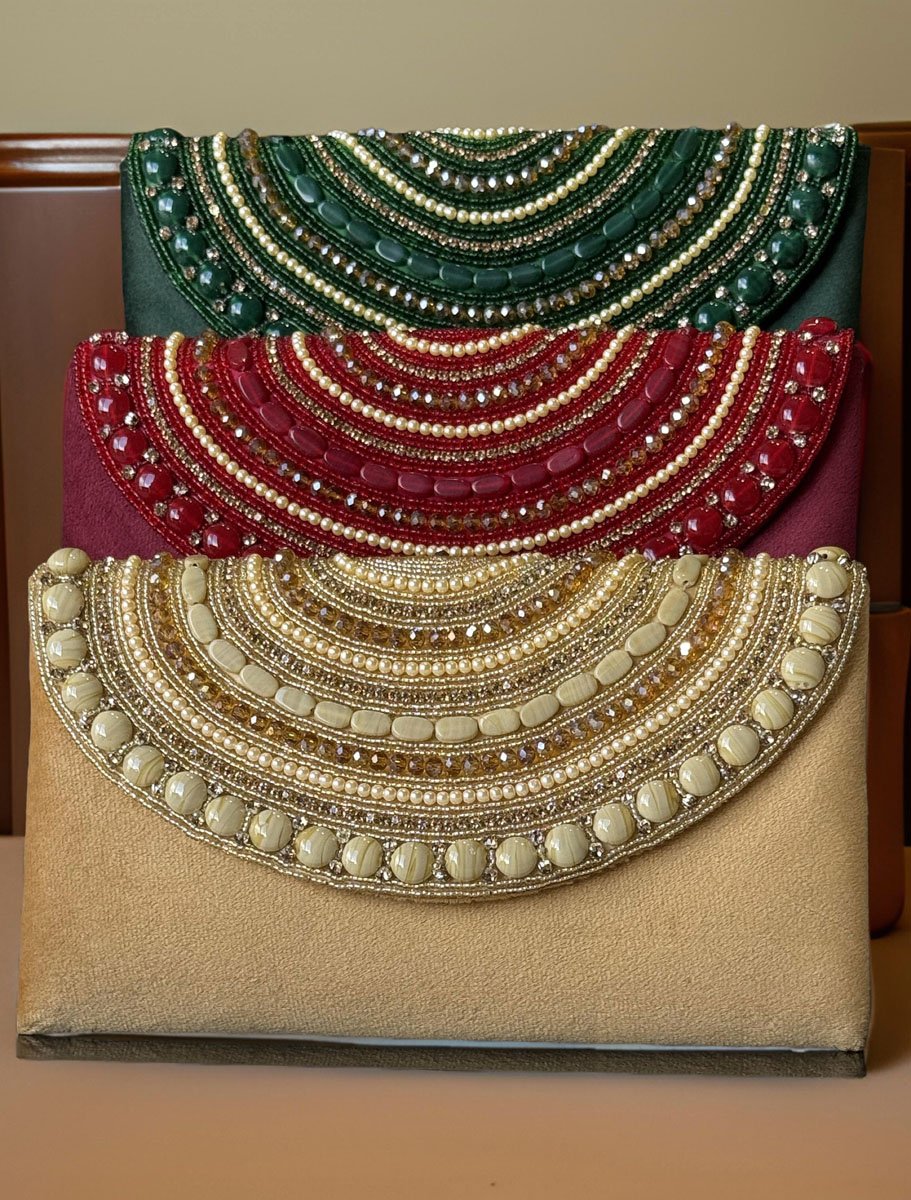 Pearl and Rhinestones embellished Velvet Envelope Clutch Bag