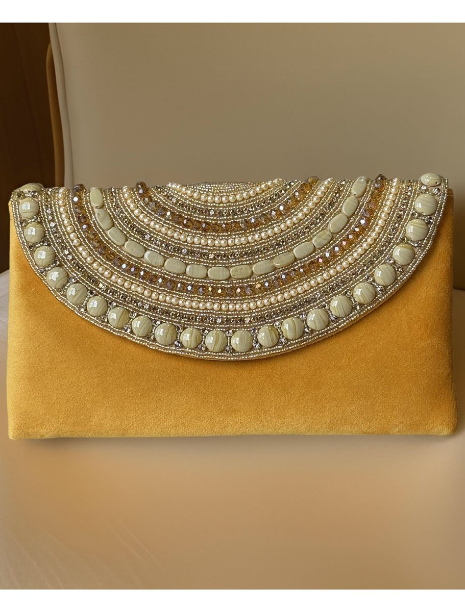 Pearl and Rhinestones embellished Velvet Envelope Clutch Bag