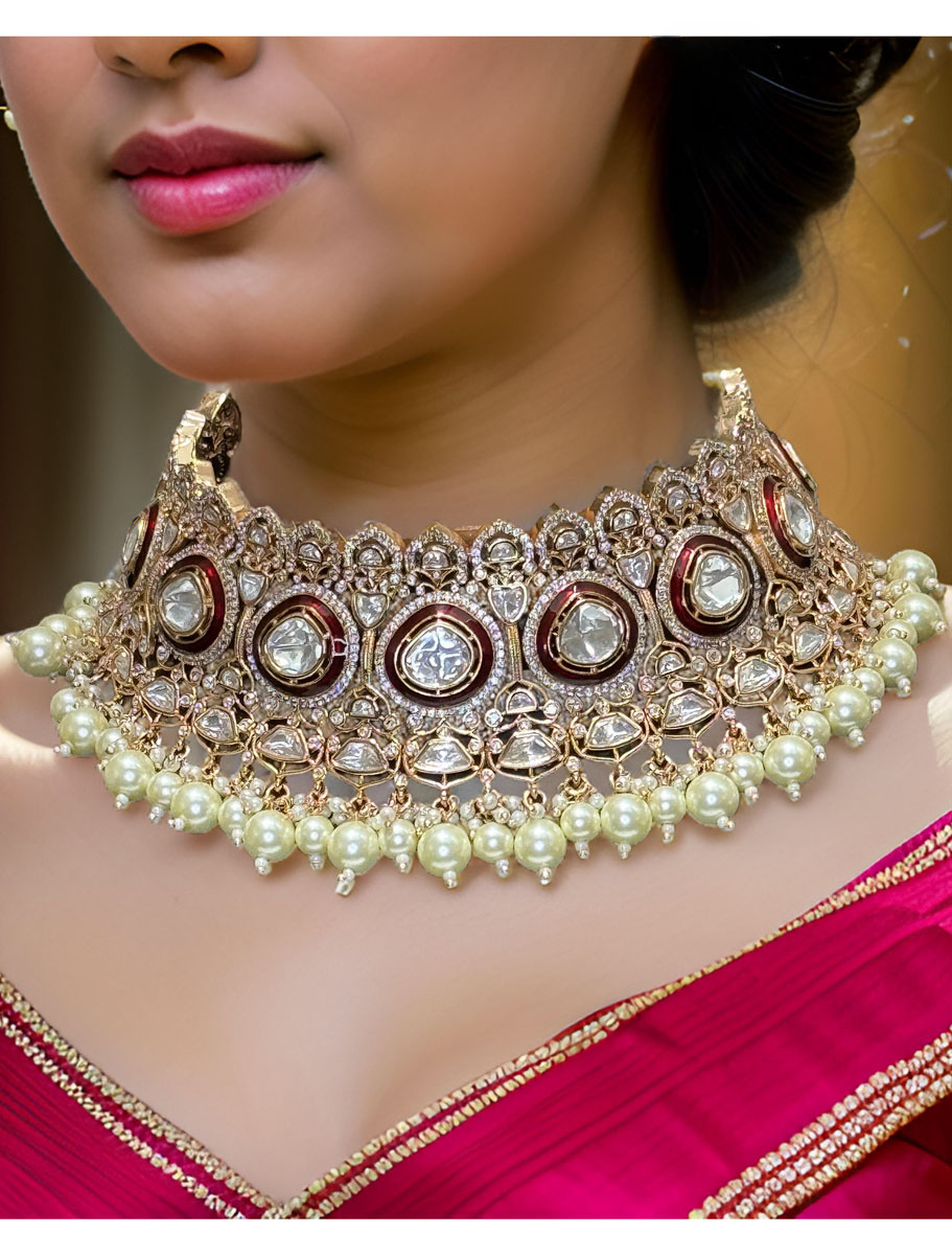 Celebrity Inspired Semi Bridal Premium Kundan CZ Choker Set