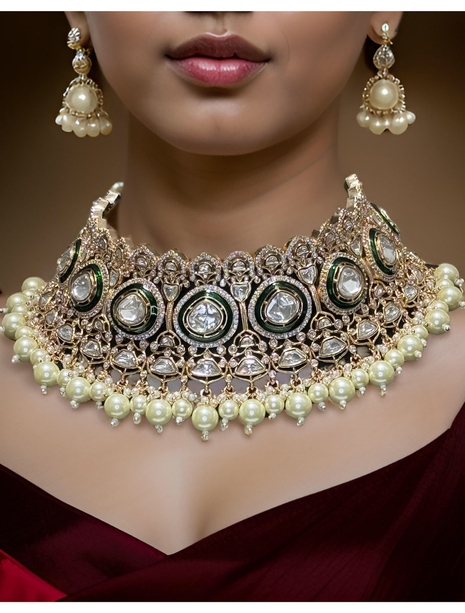 Celebrity Inspired Semi Bridal Premium Kundan CZ Choker Set