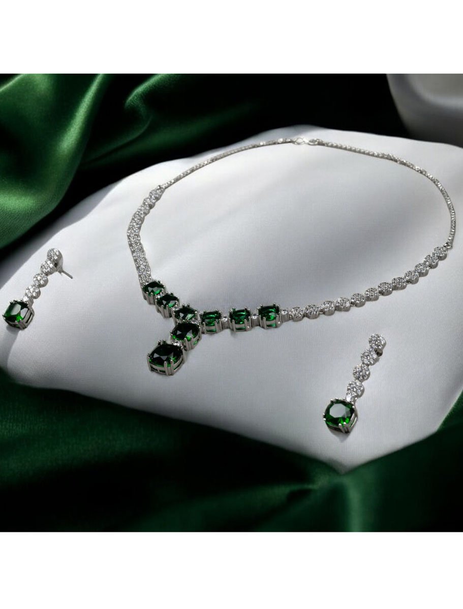 Emerald CZ Pendant Necklace Set