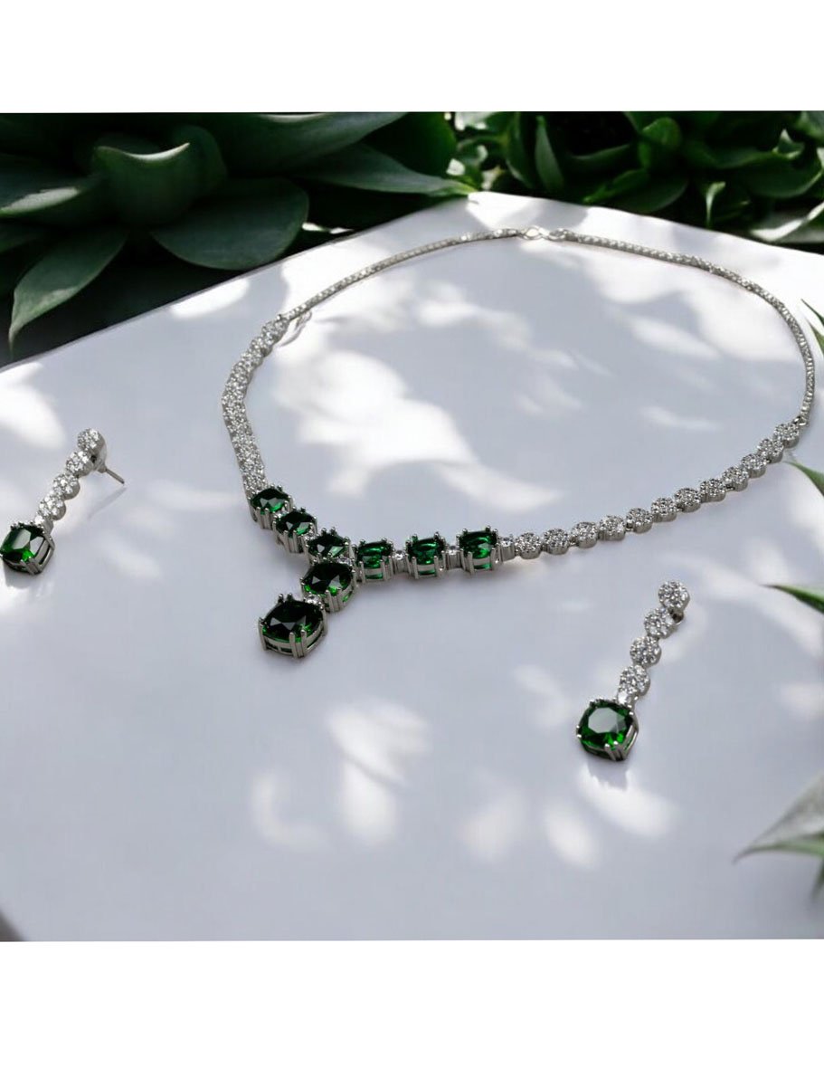 Emerald CZ Pendant Necklace Set