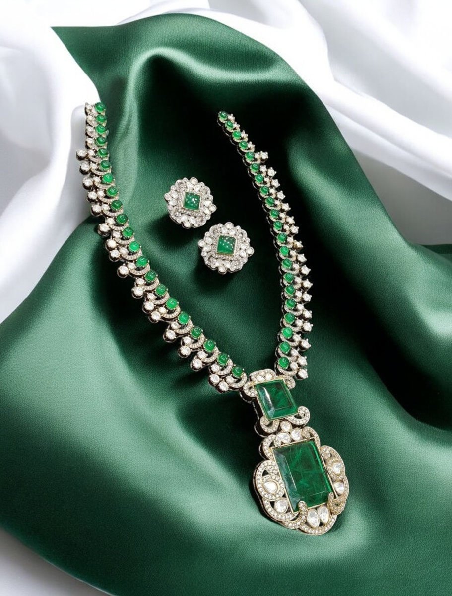 Nita Ambani Inspired Emerald Moissanite Necklace Set