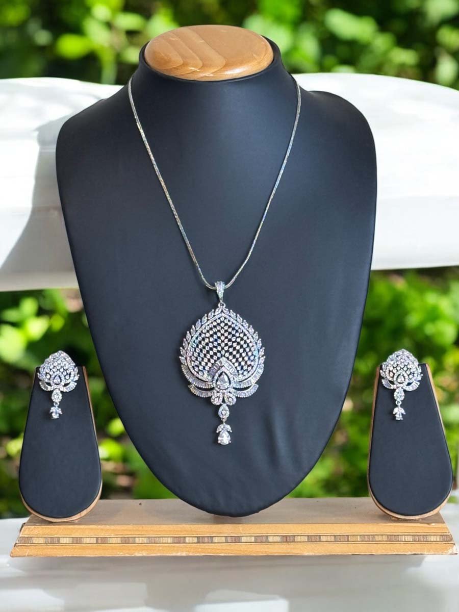 Bollywood Inspired Rhodium plated CZ Pendant Set