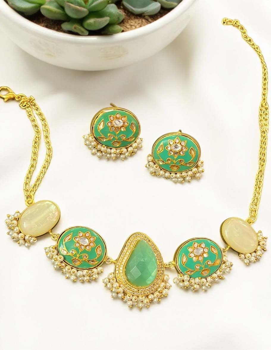 Bollywood Inspired Mother of Pearls Meenakari Necklace Set