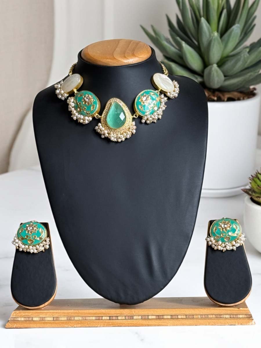 Bollywood Inspired Mother of Pearls Meenakari Necklace Set