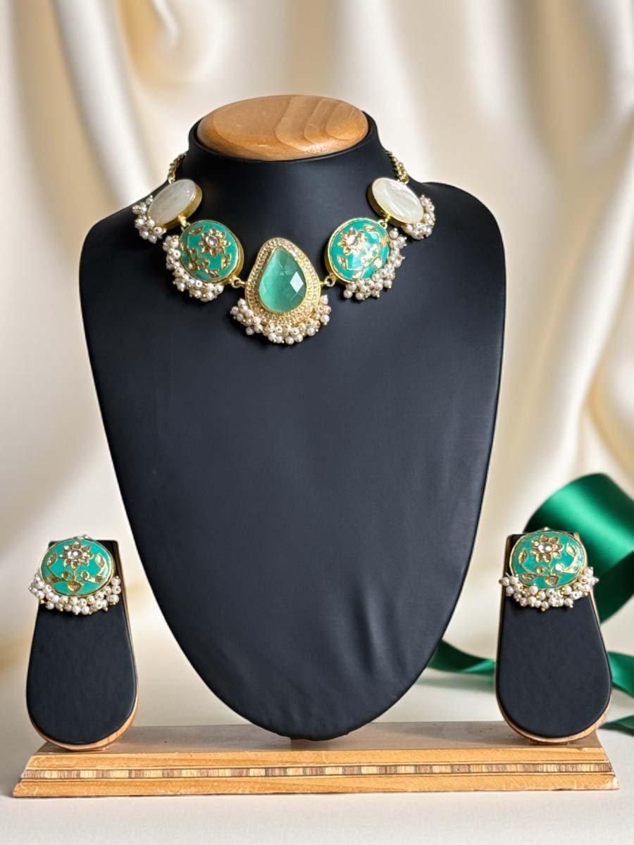 Bollywood Inspired Mother of Pearls Meenakari Necklace Set
