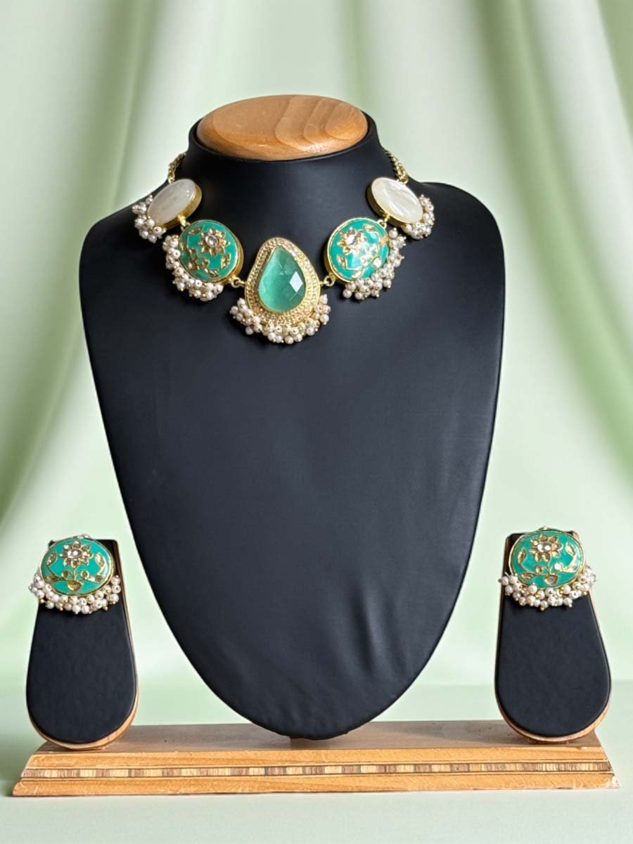 Bollywood Inspired Mother of Pearls Meenakari Necklace Set